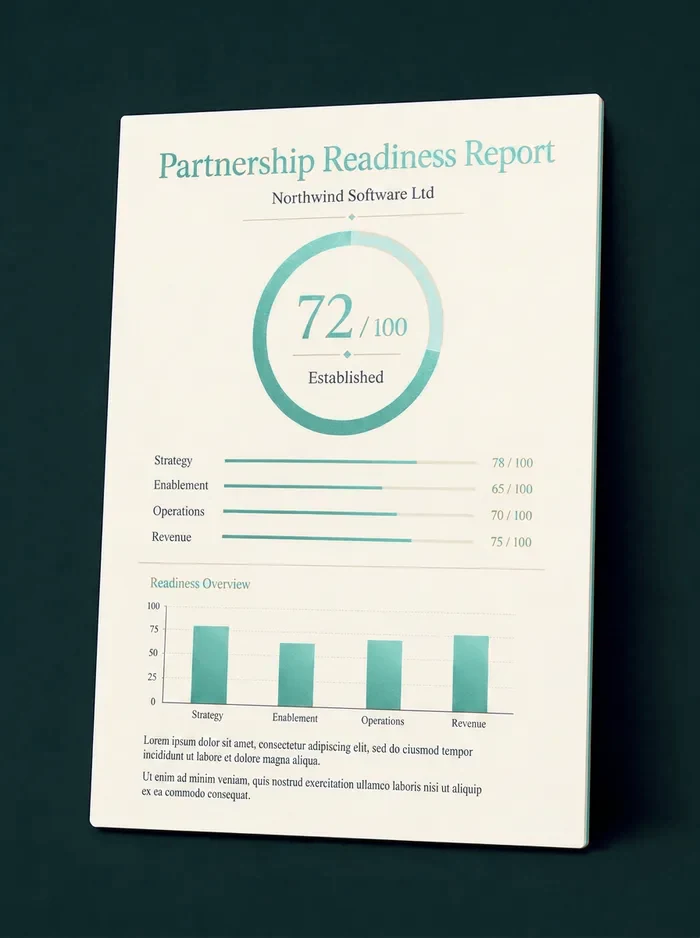 Sample Partnership Assessment report showing a readiness score of 72 out of 100, rated Established