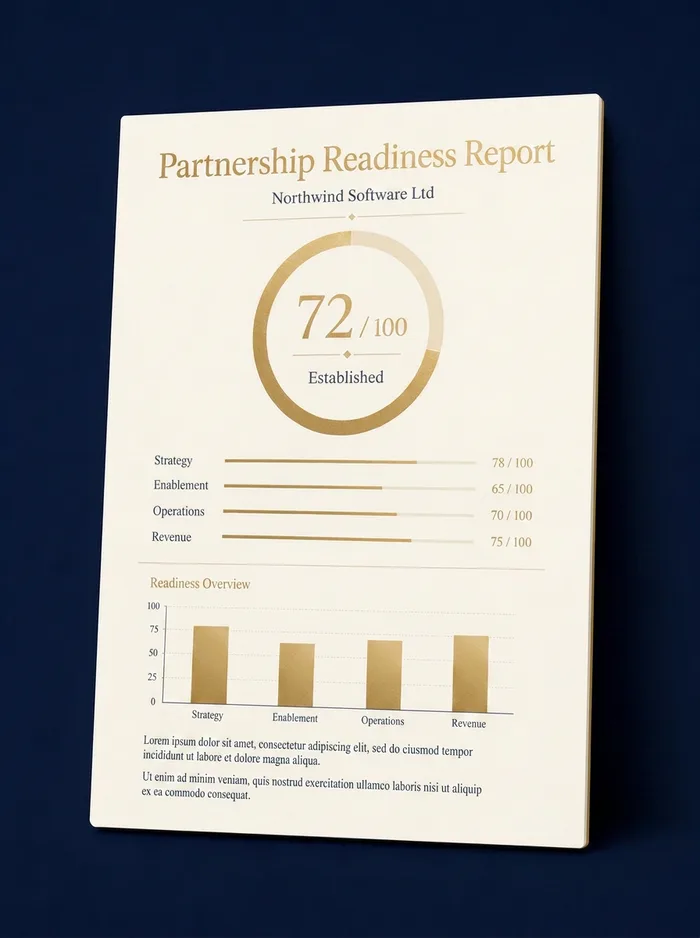 Sample Partnership Readiness Report showing a score of 72 out of 100, rated Established
